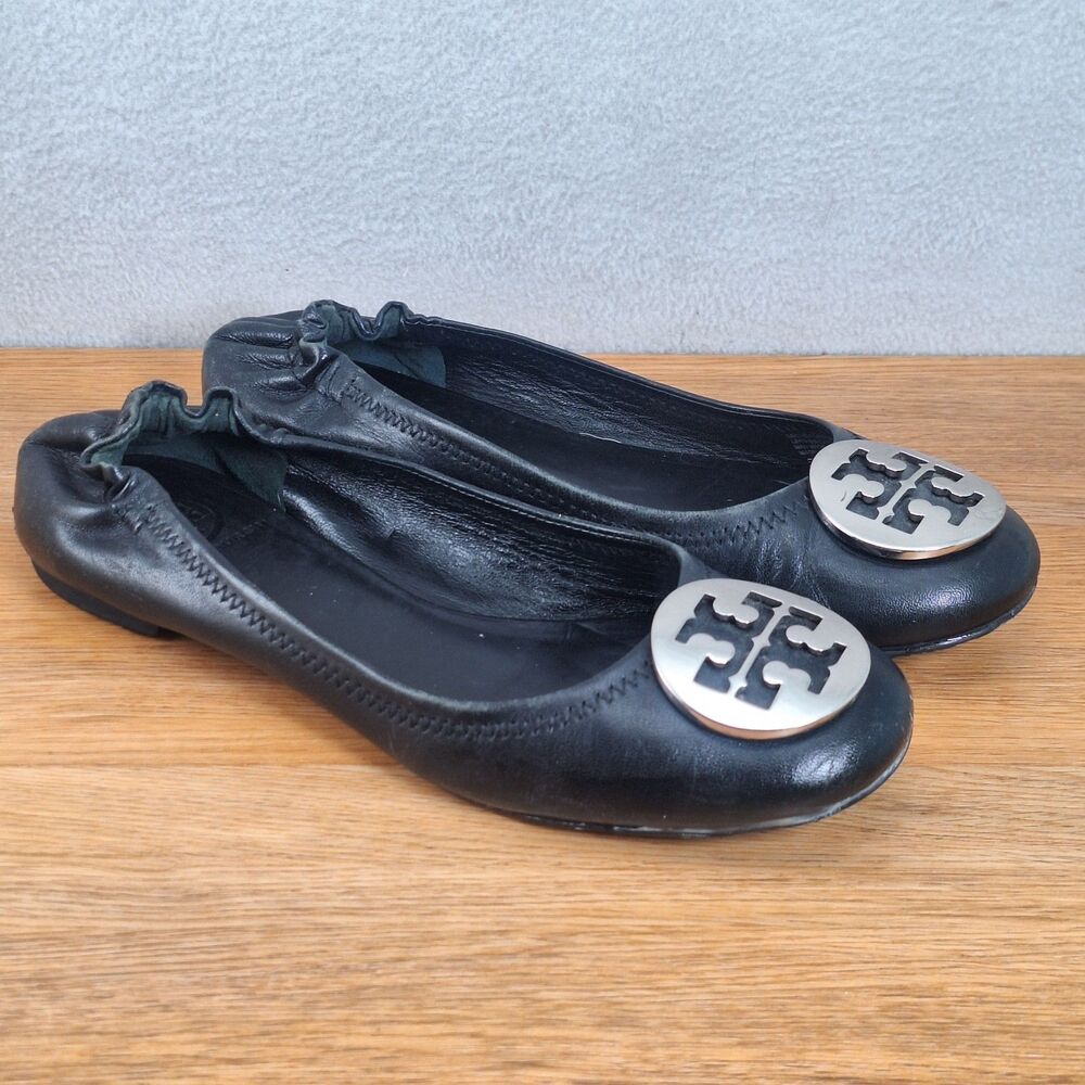 Tory Burch Minnie Travel Womens 7 Ballet Flats Black Leather Gold Logo Medallion